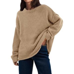 Saodimallsu Womens Oversized Crew Neck Sweaters Long Sleeve Slouchy Knit Fall Casual Loose Pullover Tops(Khaki)