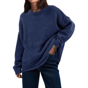 Saodimallsu Womens Oversized Crew Neck Sweaters Long Sleeve Slouchy Knit Fall Casual Loose Pullover Tops(Navy)