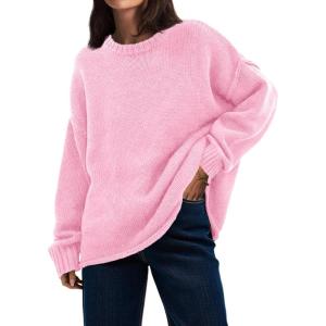 Saodimallsu Womens Oversized Crew Neck Sweaters Long Sleeve Slouchy Knit Fall Casual Loose Pullover Tops(Pink)