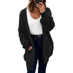 Saodimallsu Womens Oversized Open Front Cardigans Fall Chunky Knit Lantern Long Sleeve Sweater Coats with Pockets(Black)