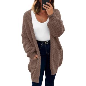 Saodimallsu Womens Oversized Open Front Cardigans Fall Chunky Knit Lantern Long Sleeve Sweater Coats with Pockets(Brown)