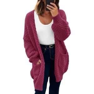 Saodimallsu Womens Oversized Open Front Cardigans Fall Chunky Knit Lantern Long Sleeve Sweater Coats with Pockets(Burgundy)