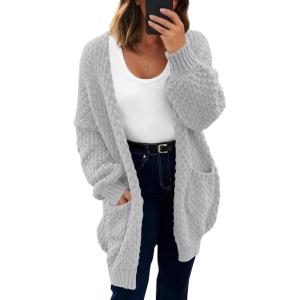 Saodimallsu Womens Oversized Open Front Cardigans Fall Chunky Knit Lantern Long Sleeve Sweater Coats with Pockets(Light Grey)