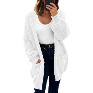 Saodimallsu Womens Oversized Open Front Cardigans Fall Chunky Knit Lantern Long Sleeve Sweater Coats with Pockets(White)
