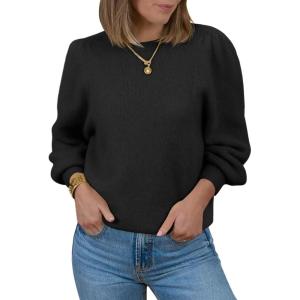 Saodimallsu Womens Puff Long Sleeve Sweaters Fall Crew Neck Cozy Soft Knit Loose Casual Pullover Tops(Black)