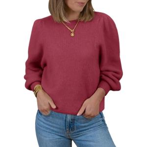 Saodimallsu Womens Puff Long Sleeve Sweaters Fall Crew Neck Cozy Soft Knit Loose Casual Pullover Tops(Burgundy)