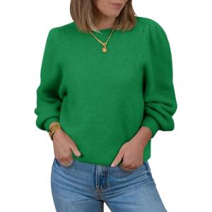 Saodimallsu Womens Puff Long Sleeve Sweaters Fall Crew Neck Cozy Soft Knit Loose Casual Pullover Tops(Green)