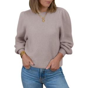 Saodimallsu Womens Puff Long Sleeve Sweaters Fall Crew Neck Cozy Soft Knit Loose Casual Pullover Tops(Khaki)