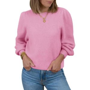 Saodimallsu Womens Puff Long Sleeve Sweaters Fall Crew Neck Cozy Soft Knit Loose Casual Pullover Tops(Pink)