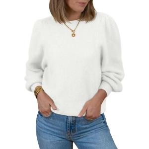 Saodimallsu Womens Puff Long Sleeve Sweaters Fall Crew Neck Cozy Soft Knit Loose Casual Pullover Tops(White)