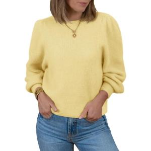 Saodimallsu Womens Puff Long Sleeve Sweaters Fall Crew Neck Cozy Soft Knit Loose Casual Pullover Tops(Yellow)