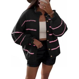 Saodimallsu Womens Striped Cardigan Sweaters Button Up Ruffle Open Front Chunky Knit Loose Fall Sweater Coats(Black)