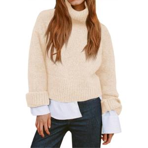 Saodimallsu Womens Turtleneck Fuzzy Sweaters Long Sleeve Chunky Knit Casual Loose Warm Fall Winter Pullover Sweater(Apricot)