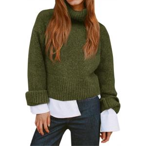 Saodimallsu Womens Turtleneck Fuzzy Sweaters Long Sleeve Chunky Knit Casual Loose Warm Fall Winter Pullover Sweater(Army Green)
