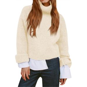 Saodimallsu Womens Turtleneck Fuzzy Sweaters Long Sleeve Chunky Knit Casual Loose Warm Fall Winter Pullover Sweater(Beige)