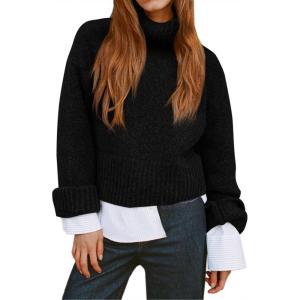 Saodimallsu Womens Turtleneck Fuzzy Sweaters Long Sleeve Chunky Knit Casual Loose Warm Fall Winter Pullover Sweater(Black)