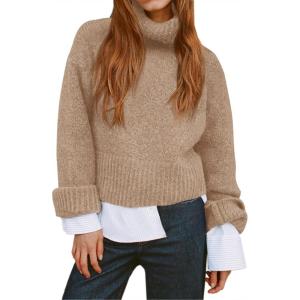 Saodimallsu Womens Turtleneck Fuzzy Sweaters Long Sleeve Chunky Knit Casual Loose Warm Fall Winter Pullover Sweater(Khaki)
