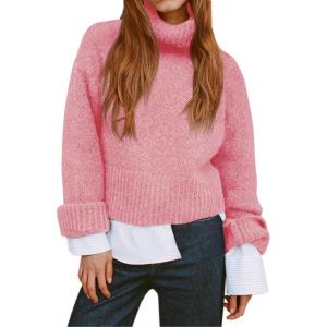 Saodimallsu Womens Turtleneck Fuzzy Sweaters Long Sleeve Chunky Knit Casual Loose Warm Fall Winter Pullover Sweater(Pink)