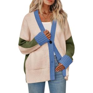 Saodimallsu Womens V Neck Cardigan Sweaters Color Block Button Oversized Long Sleeve Open Front Knit Sweater Coats(Light Khaki)