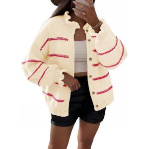 Saodimallsu Womens Striped Cardigan Sweaters Button Up Ruffle Open Front Chunky Knit Loose Fall Sweater Coats(White)