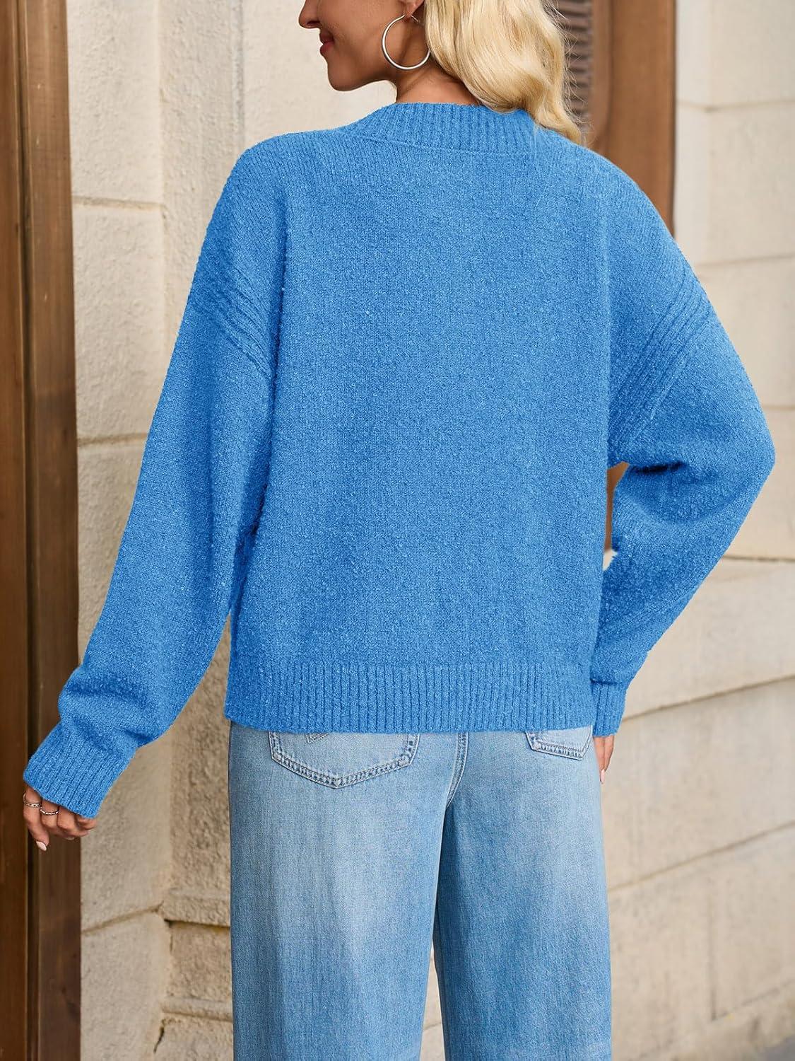 imageSaodimallsu Womens Button Up Cardigans Fall Crew Neck Fuzzy Knit Long Sleeve Cropped Sweater Jacket with PocketsBlue