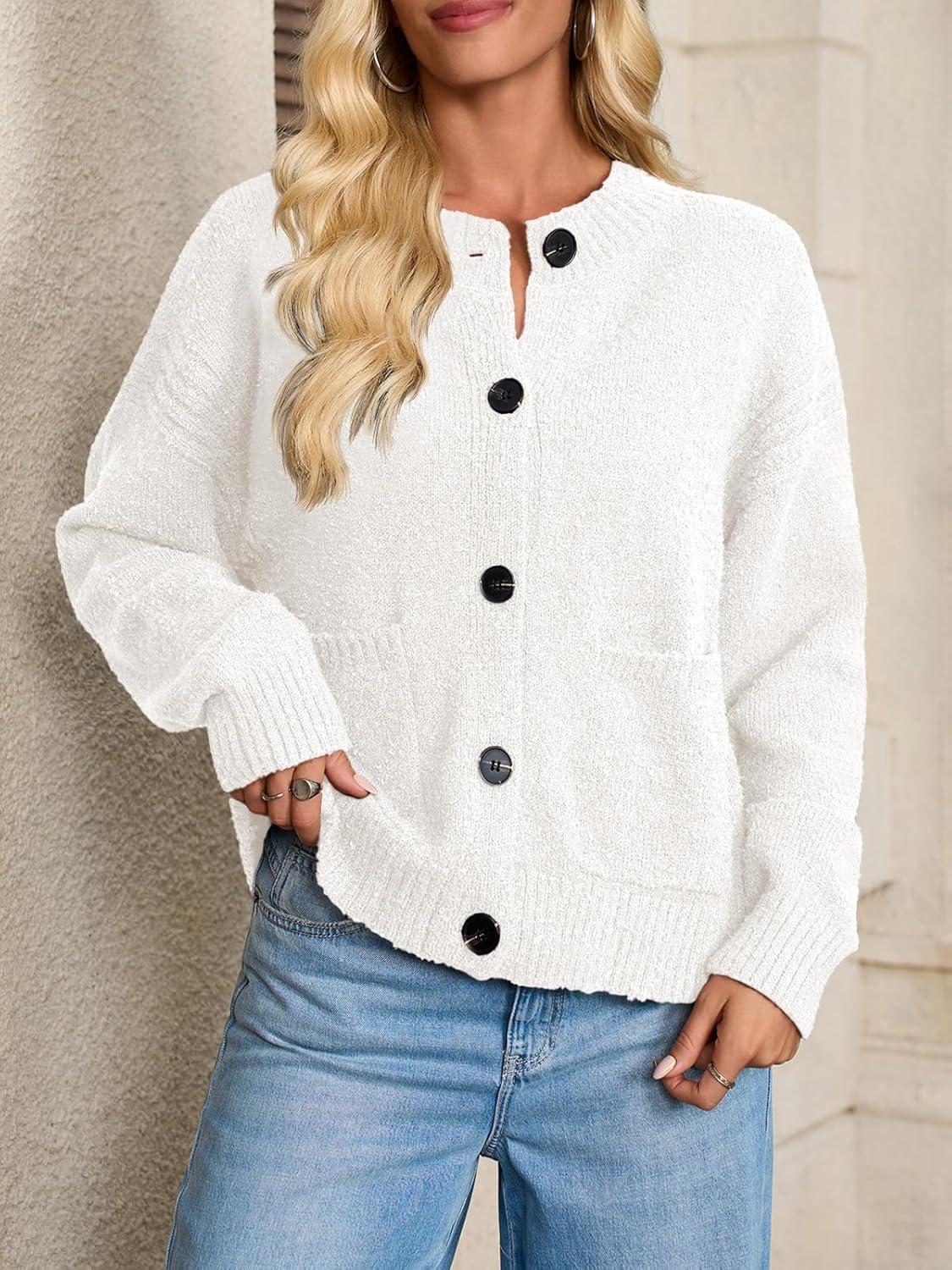 imageSaodimallsu Womens Button Up Cardigans Fall Crew Neck Fuzzy Knit Long Sleeve Cropped Sweater Jacket with PocketsWhite