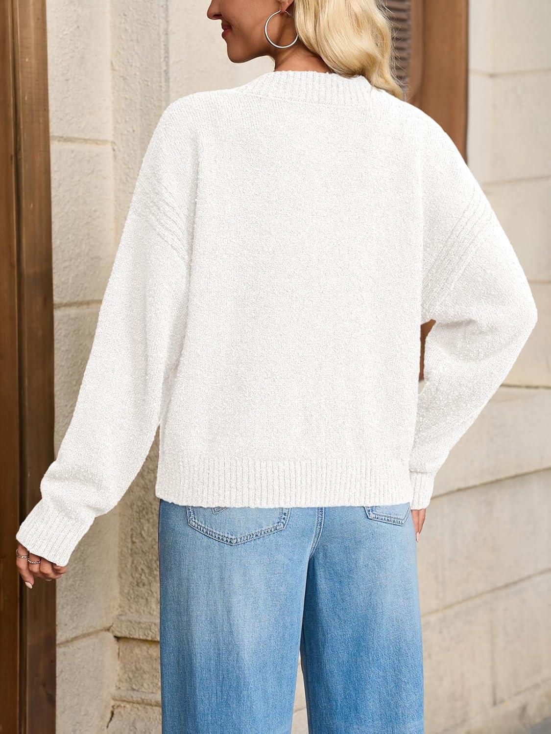 imageSaodimallsu Womens Button Up Cardigans Fall Crew Neck Fuzzy Knit Long Sleeve Cropped Sweater Jacket with PocketsWhite