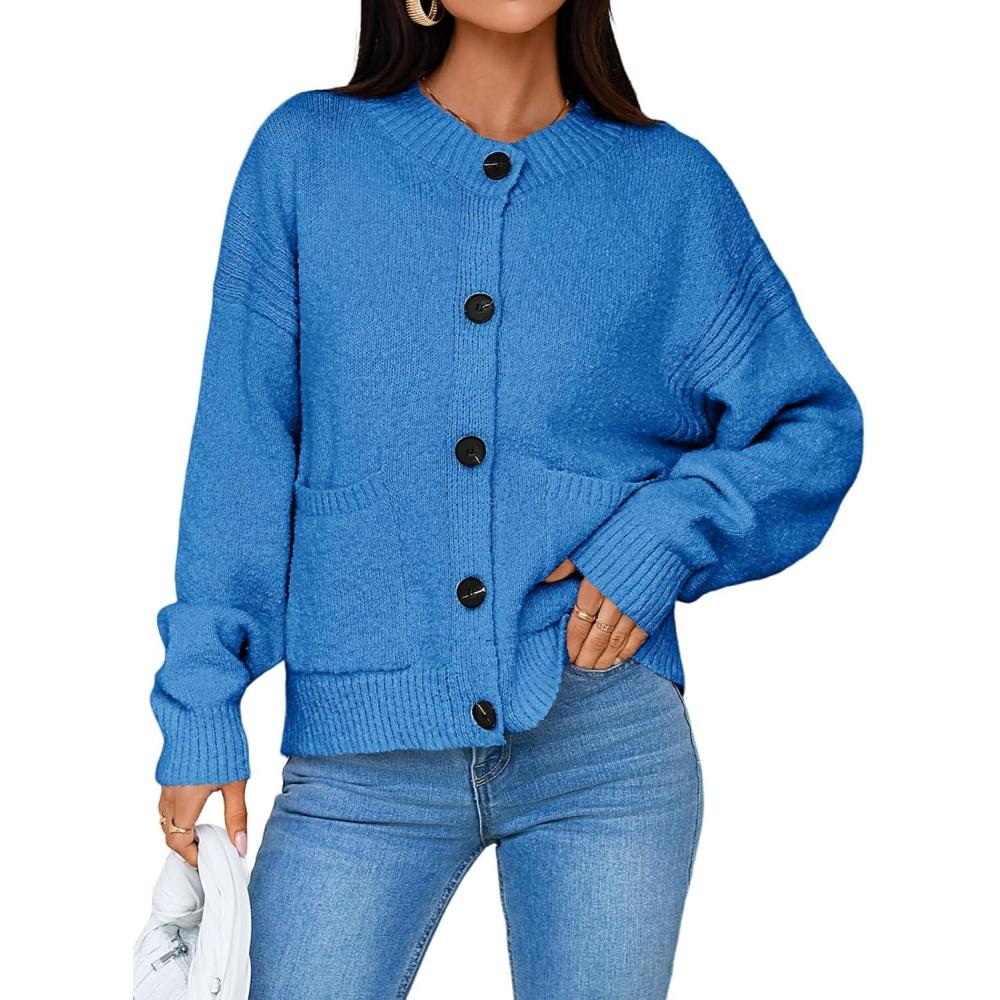 imageSaodimallsu Womens Button Up Cardigans Fall Crew Neck Fuzzy Knit Long Sleeve Cropped Sweater Jacket with PocketsBlue