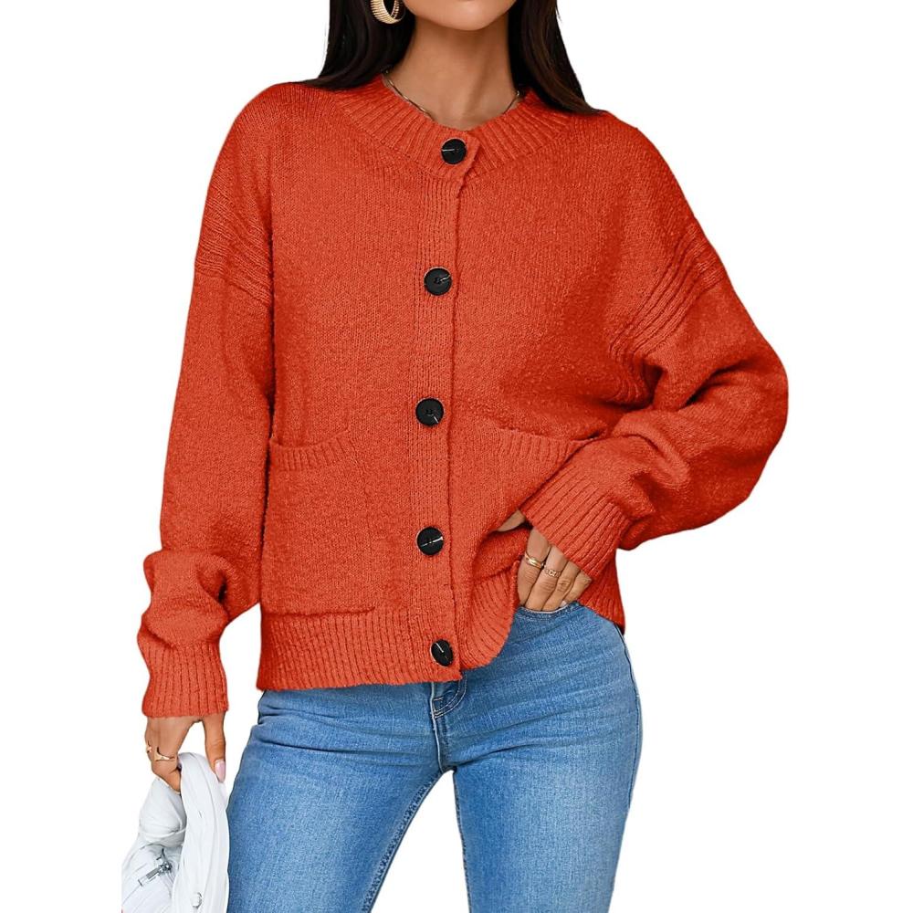 imageSaodimallsu Womens Button Up Cardigans Fall Crew Neck Fuzzy Knit Long Sleeve Cropped Sweater Jacket with PocketsOrange