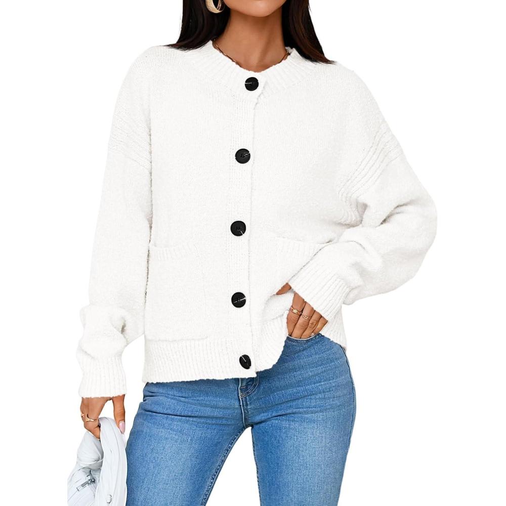 imageSaodimallsu Womens Button Up Cardigans Fall Crew Neck Fuzzy Knit Long Sleeve Cropped Sweater Jacket with PocketsWhite