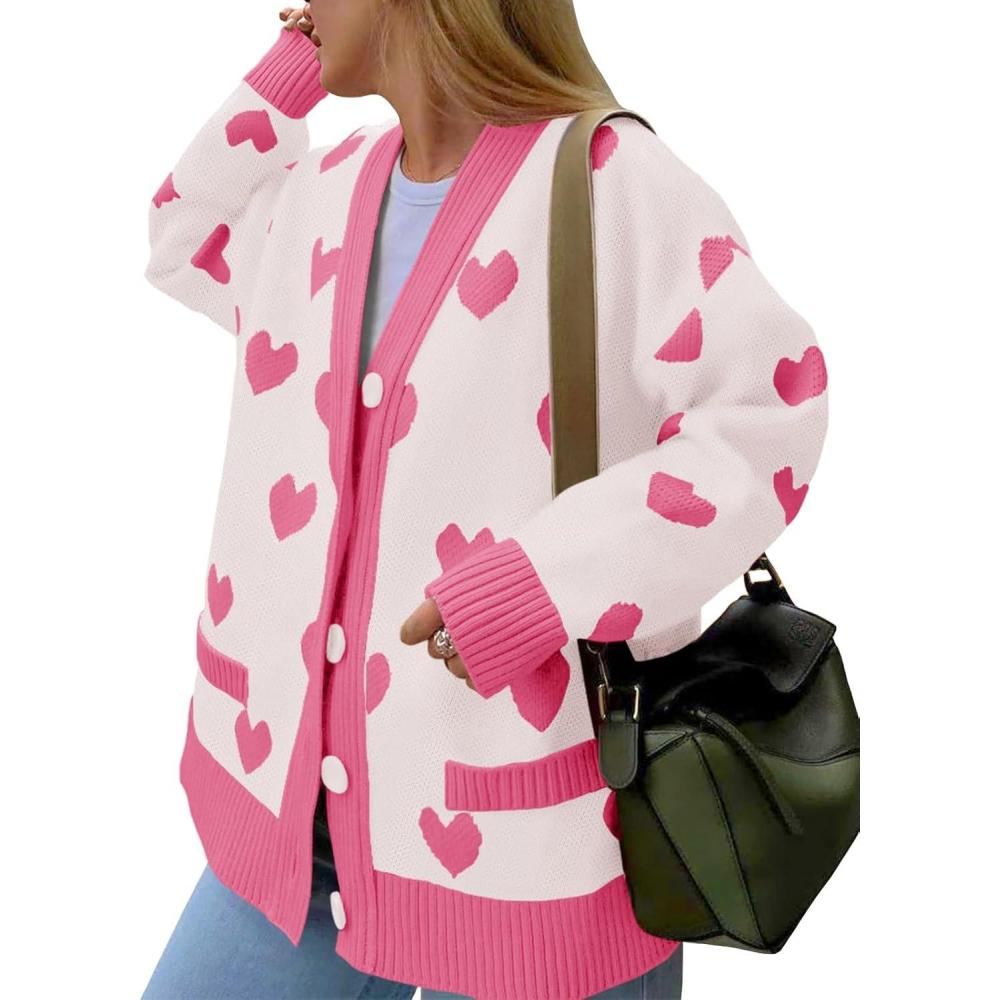 imageSaodimallsu Womens Oversized Heart Cardigan Color Block V Neck Button Long Sleeve Chunky Valentines SweatersHot Pink