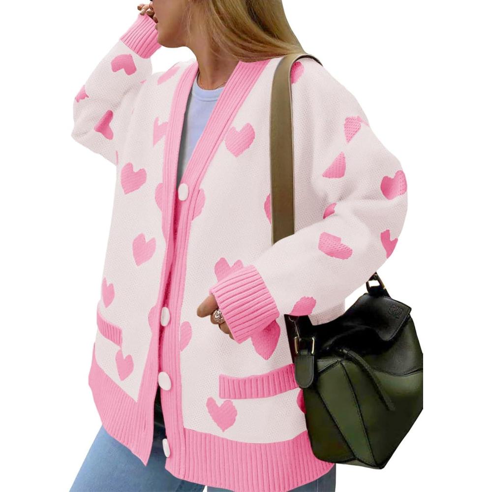 imageSaodimallsu Womens Oversized Heart Cardigan Color Block V Neck Button Long Sleeve Chunky Valentines SweatersLight Pink