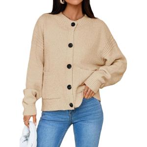 Saodimallsu Womens Button Up Cardigans Fall Crew Neck Fuzzy Knit Long Sleeve Cropped Sweater Jacket with Pockets(Apricot)