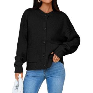 Saodimallsu Womens Button Up Cardigans Fall Crew Neck Fuzzy Knit Long Sleeve Cropped Sweater Jacket with Pockets(Black)