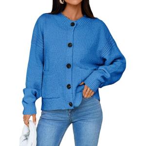Saodimallsu Womens Button Up Cardigans Fall Crew Neck Fuzzy Knit Long Sleeve Cropped Sweater Jacket with Pockets(Blue)