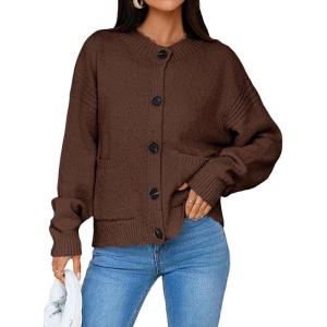 Saodimallsu Womens Button Up Cardigans Fall Crew Neck Fuzzy Knit Long Sleeve Cropped Sweater Jacket with Pockets(Brown)
