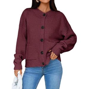 Saodimallsu Womens Button Up Cardigans Fall Crew Neck Fuzzy Knit Long Sleeve Cropped Sweater Jacket with Pockets(Burgundy)
