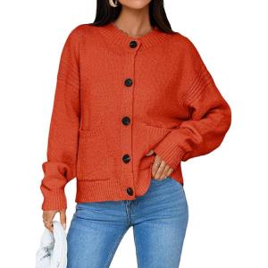 Saodimallsu Womens Button Up Cardigans Fall Crew Neck Fuzzy Knit Long Sleeve Cropped Sweater Jacket with Pockets(Orange)