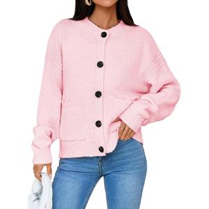 Saodimallsu Womens Button Up Cardigans Fall Crew Neck Fuzzy Knit Long Sleeve Cropped Sweater Jacket with Pockets(Pink)