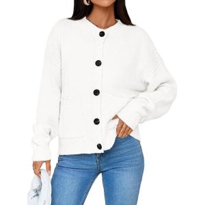 Saodimallsu Womens Button Up Cardigans Fall Crew Neck Fuzzy Knit Long Sleeve Cropped Sweater Jacket with Pockets(White)