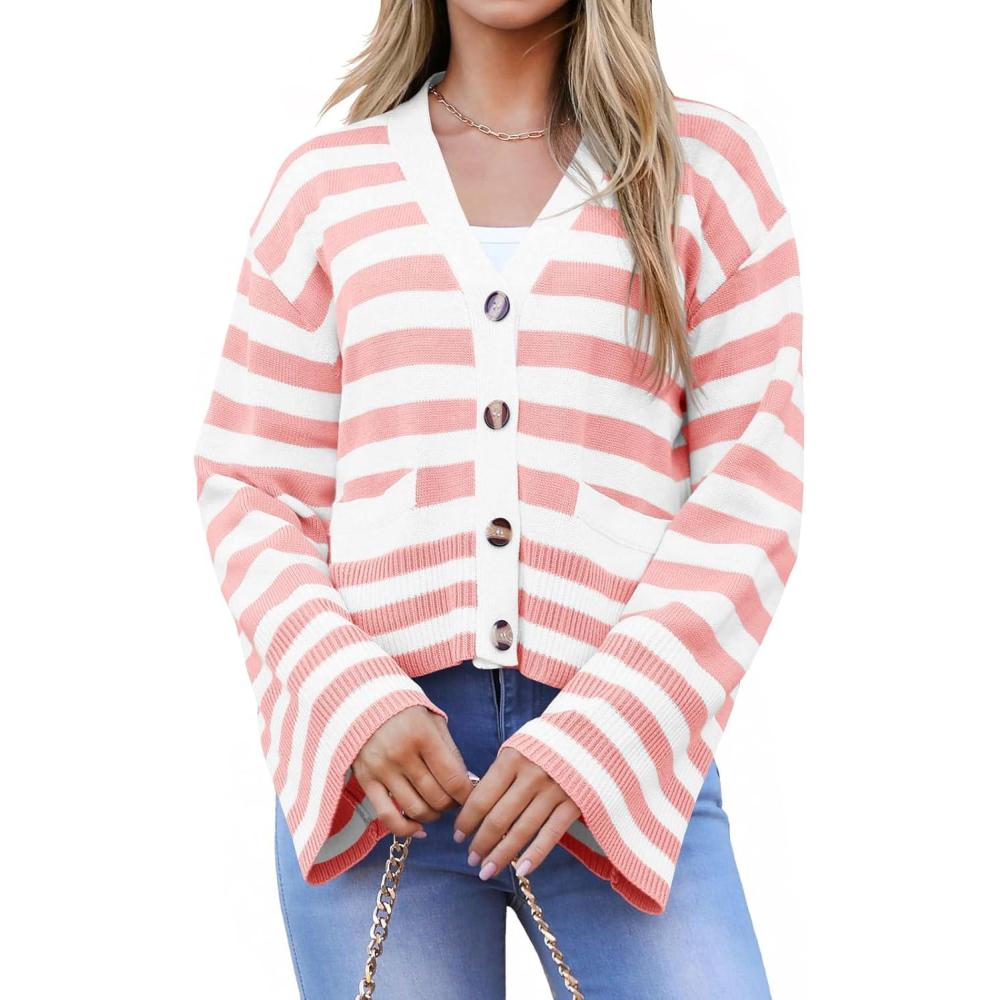 imageSaodimallsu Womens Striped Cardigan Sweaters Cropped Fall Button Open Front Long Sleeve Knit Sweater Coat with PocketsPink