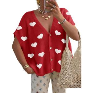Saodimallsu Womens Fall Oversized Cardigans Batwing Short Sleeve Lightweight Button V Neck Casual Knit Sweater Tops(A-red)