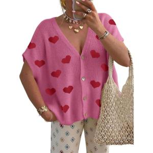 Saodimallsu Womens Fall Oversized Cardigans Batwing Short Sleeve Lightweight Button V Neck Casual Knit Sweater Tops(A-rose Red)