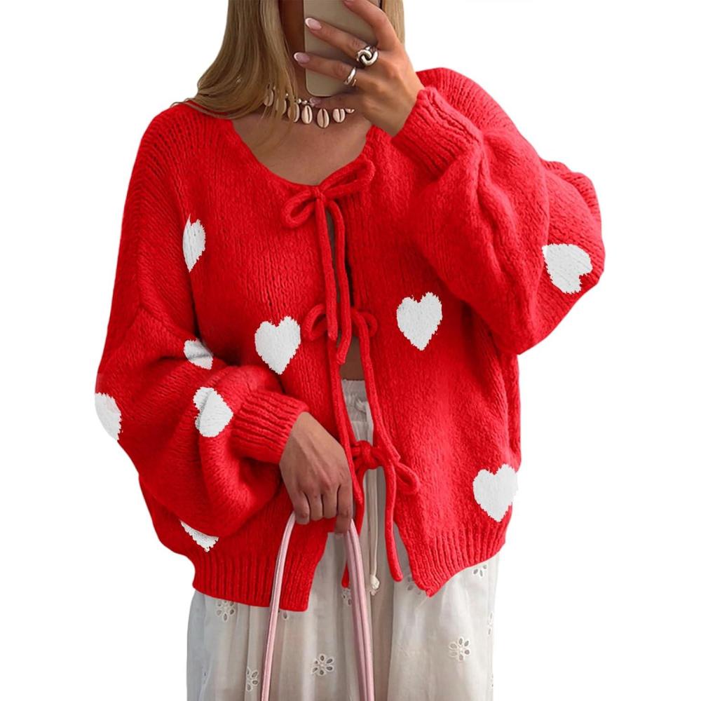imageSaodimallsu Womens Tie Front Cardigan Sweaters Cute Bow Puff Long Sleeve 2025 Fall Loose Ribbed Knit Trendy Sweater TopsReda