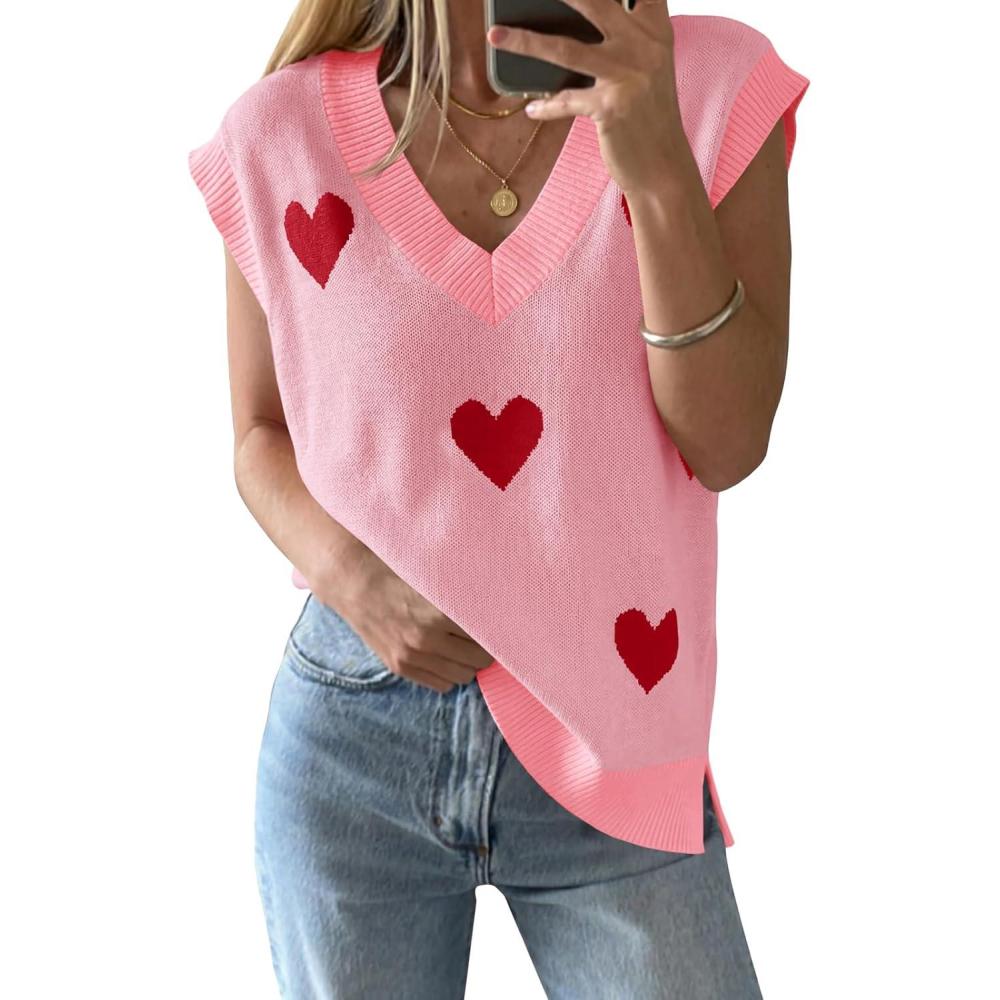 imageSaodimallsu Womens V Neck Sweater Vest Oversized Ribbed Knit Sleeveless Casual Loose Fit Pullover Tank TopPinka