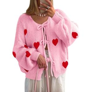 Saodimallsu Womens Tie Front Cardigan Sweaters Cute Bow Puff Long Sleeve 2025 Fall Loose Ribbed Knit Trendy Sweater Tops(Pink-a)