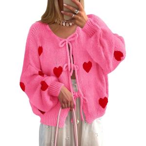 Saodimallsu Womens Tie Front Cardigan Sweaters Cute Bow Puff Long Sleeve 2025 Fall Loose Ribbed Knit Trendy Sweater Tops(Rose Red-a)