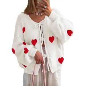 Saodimallsu Womens Tie Front Cardigan Sweaters Cute Bow Puff Long Sleeve 2025 Fall Loose Ribbed Knit Trendy Sweater Tops(White-a)