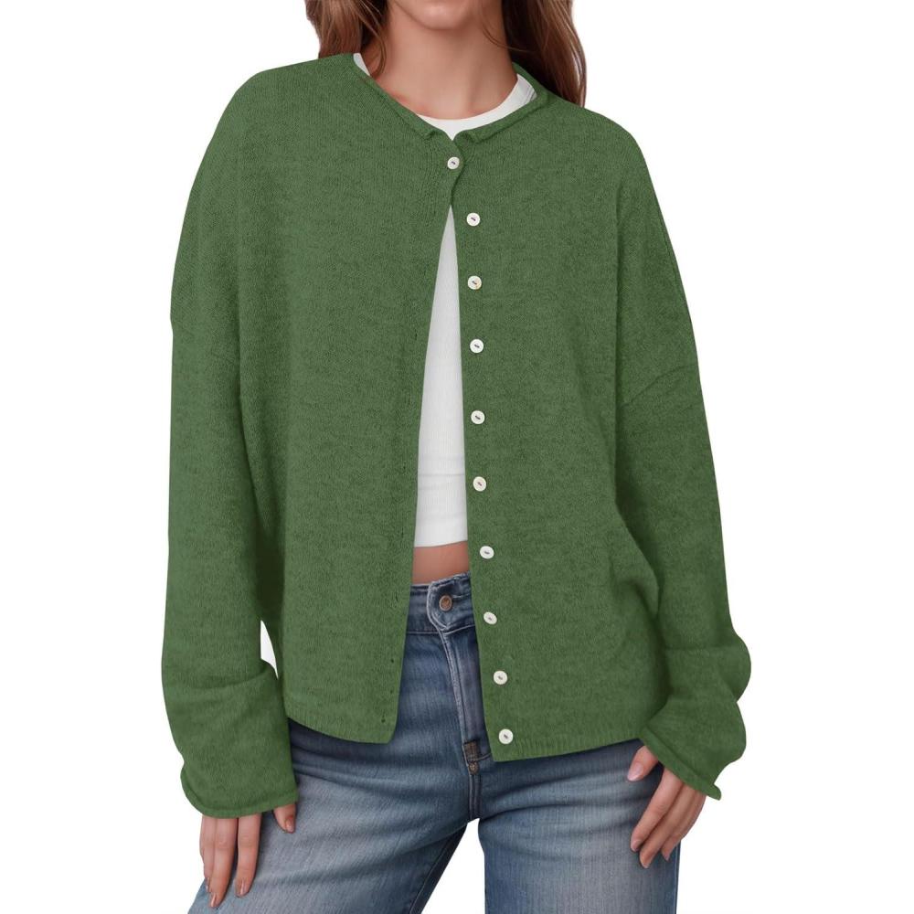 imageSaodimallsu Womens Button Up Cardigan Sweaters Long Sleeve Crew Neck Fall Soft Lightweight Knit Loose Sweater TopsArmy Green