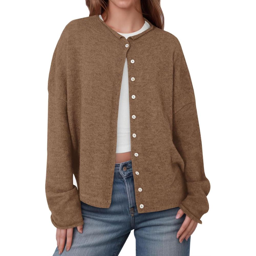 imageSaodimallsu Womens Button Up Cardigan Sweaters Long Sleeve Crew Neck Fall Soft Lightweight Knit Loose Sweater TopsBrown